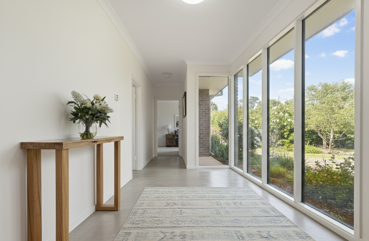 Modern hallway interior featuring a solid timber Arden console table with a vase of flowers, large glass windows, and a garden view.