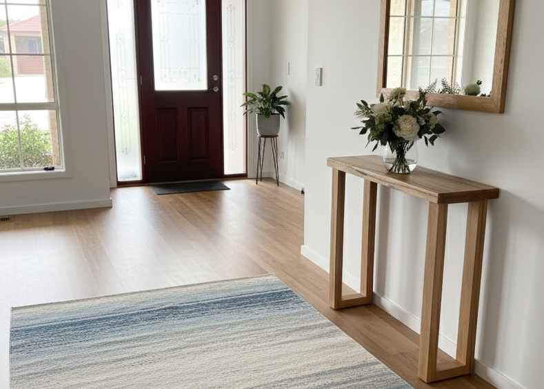 Modern hallway with a wooden Arden console table, flowers, and a mirror.