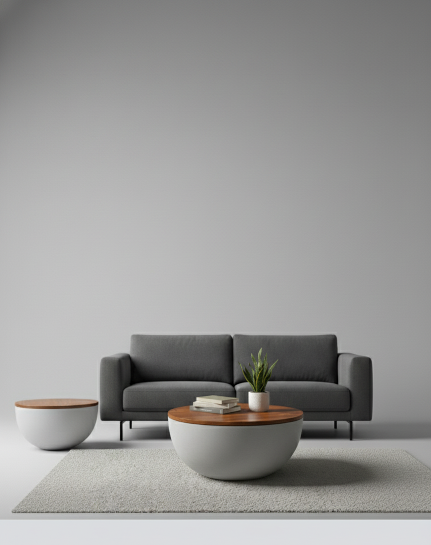 Round Lorien coffee table with timber top and white fibreglass base and a matching side table, styled with a gray sofa, small plant, and neutral background