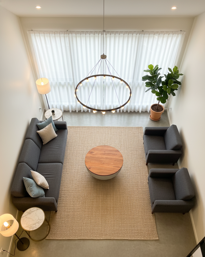 Round wooden coffee table with white fiberglass base in a modern living room