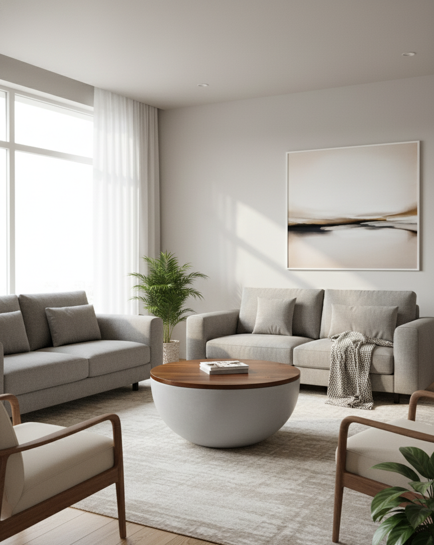 Lorien Coffee Table – round timber top with white fibreglass base, styled in a bright contemporary living room.