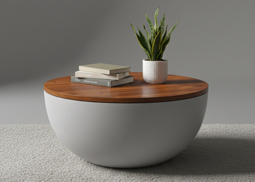 Modern Lorien coffee table with wooden top and white base, featuring a plant and books on a grey background.