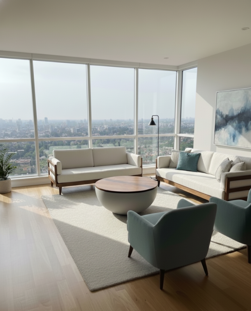 Lorien coffee table with a round timber top and white fibreglass base, styled in a modern living room with white and green sofas and large windows