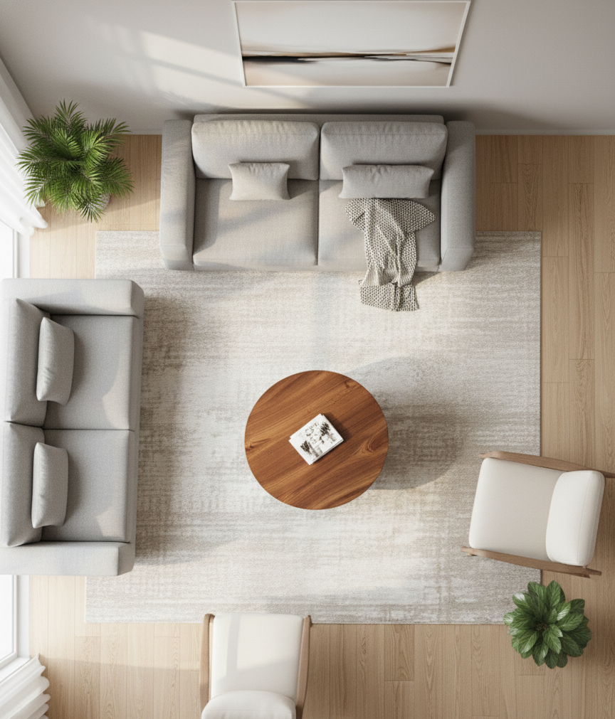Top-down view of the Lorien Coffee Table with a round timber top and white fibreglass base in a modern living room with gray sofas and light decor.
