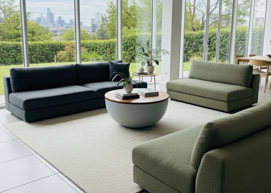 Lorien coffee table with a round timber top and white fibreglass base, styled in a modern living room with grey and green sofas and large garden-view windows