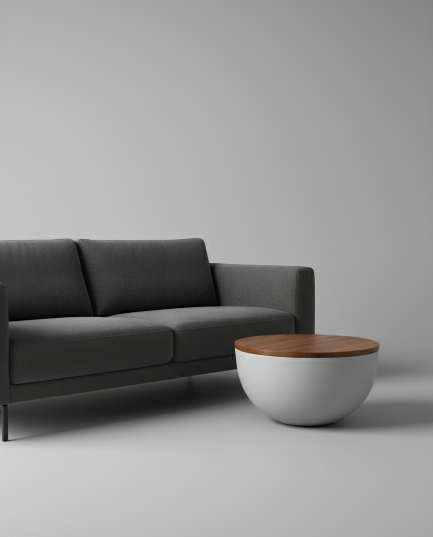 Lorien Side Table with white fibreglass base and solid timber top beside a grey sofa