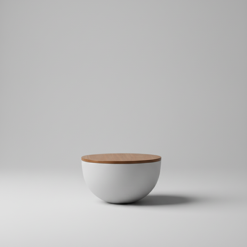 Lorien side table with a round timber top and smooth white fibreglass base on a neutral background