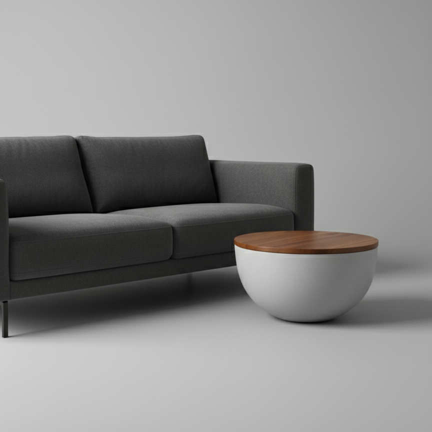 Lorien side table with a round timber top and smooth white fibreglass base on a neutral background