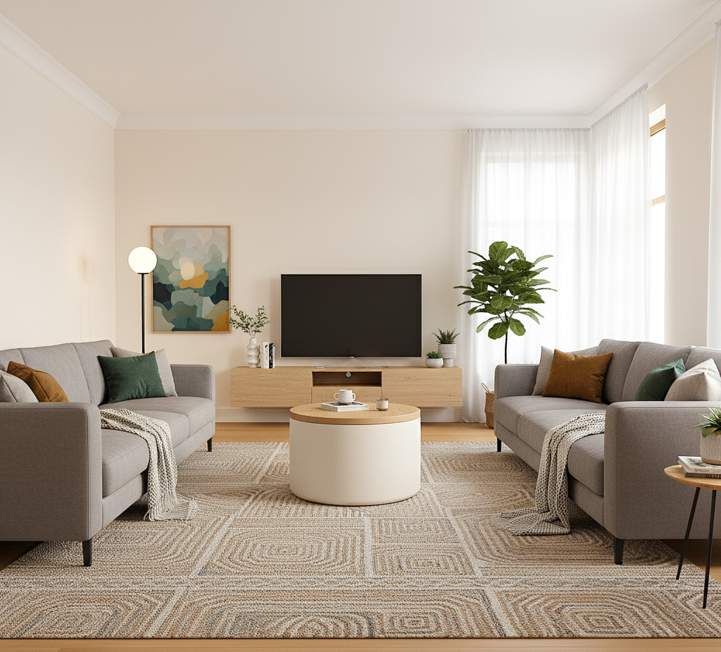 Modern living room with gray sofas, a coffee table, and decorative elements.